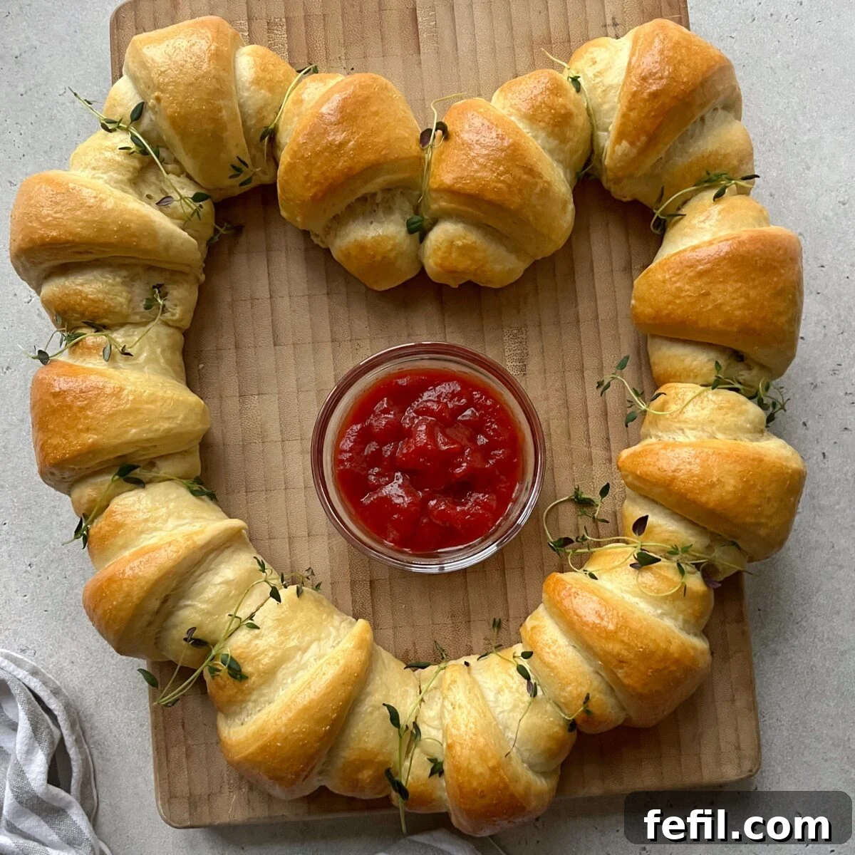 A heart shape of baked sausage rolls arranged around a glass bowl of ketchup on a wooden board, garnished with fresh herbs.