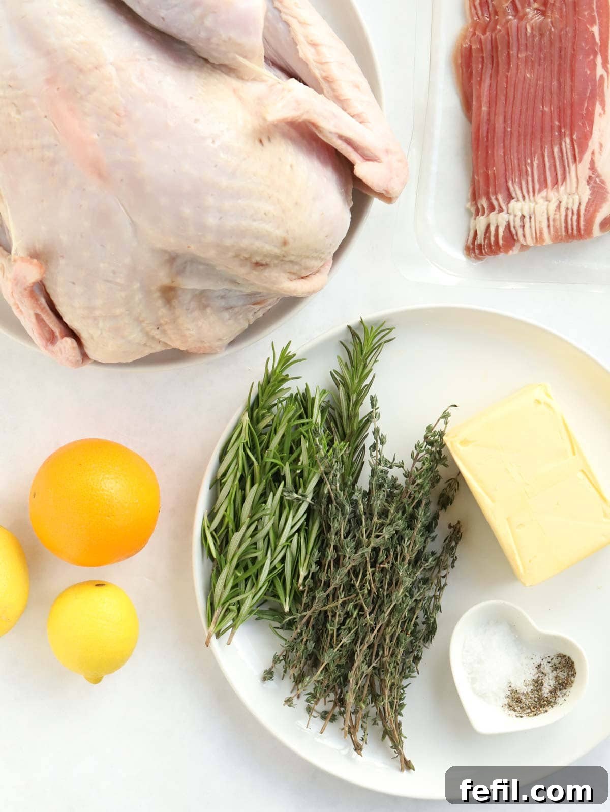 Easy Elegance Roast Turkey 4 Ingredients for making a Christmas Turkey laid out on a kitchen counter.
