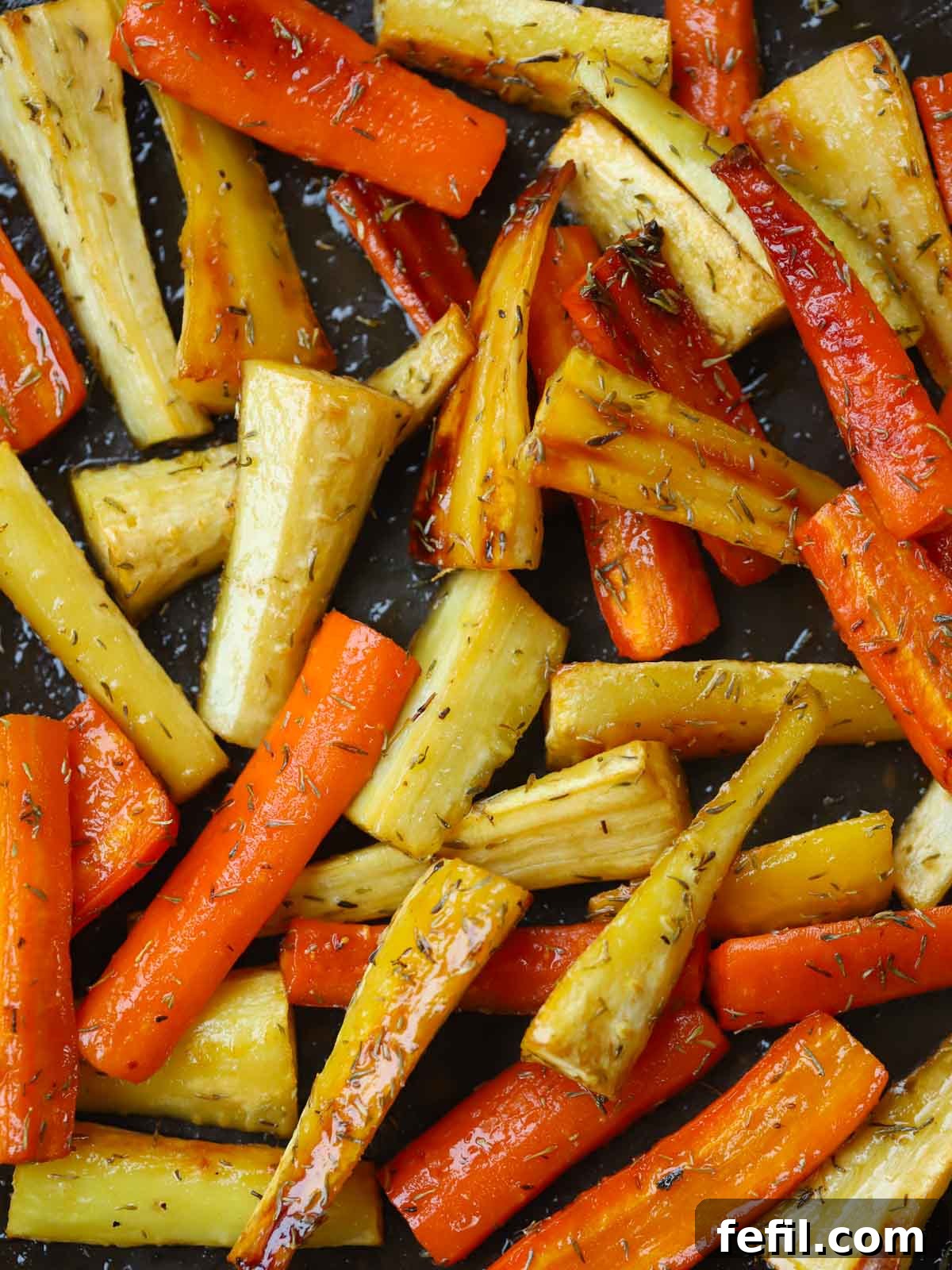 Sweet Honey-Kissed Roasted Roots 2 A tray of golden honey roasted carrots and parsnips, garnished with fresh thyme leaves, ready to be served.