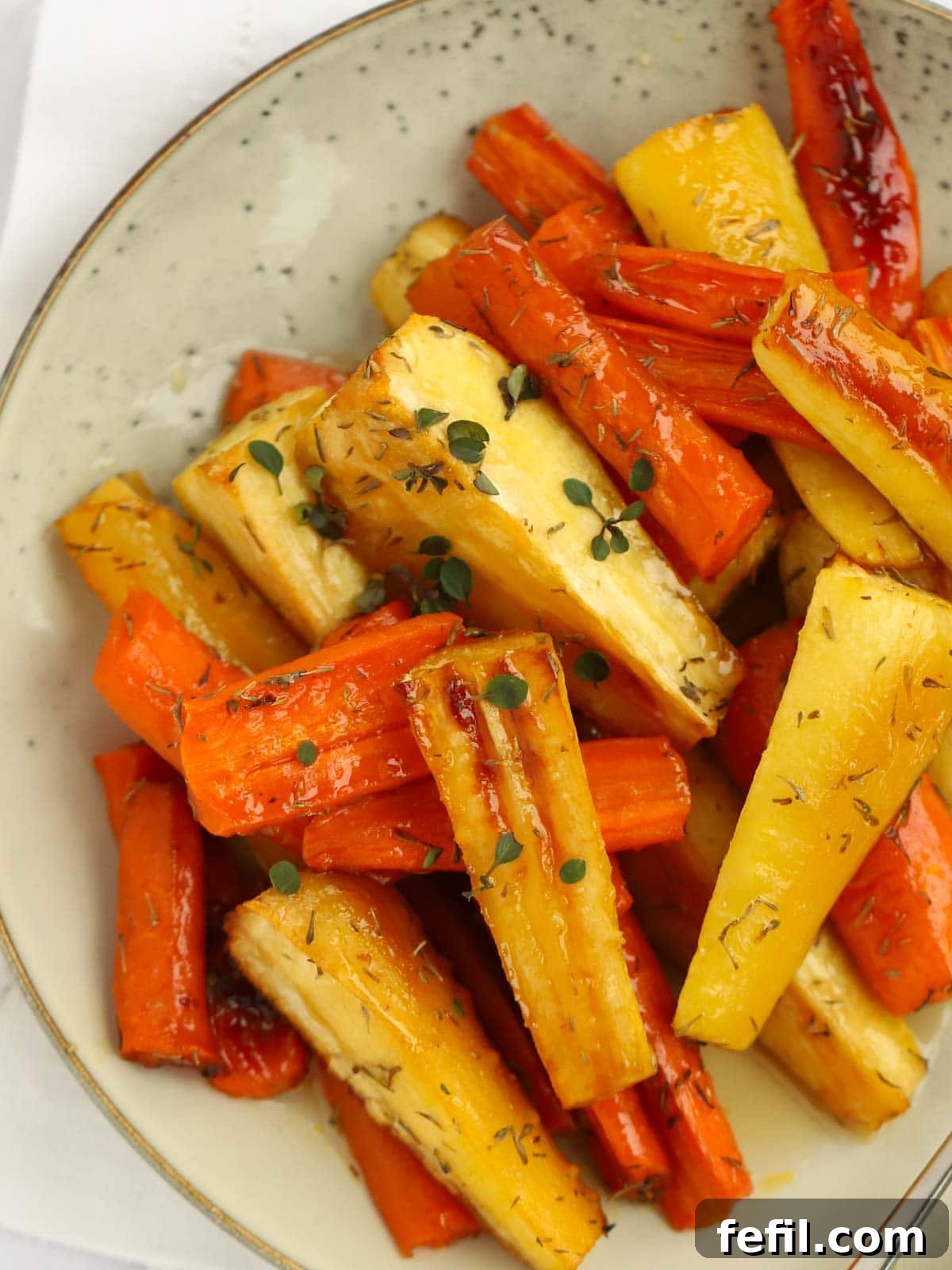 Sweet Honey-Kissed Roasted Roots 3 A serving of perfectly honey roasted carrots and parsnips presented on a white plate, highlighting their golden glaze and tender texture.