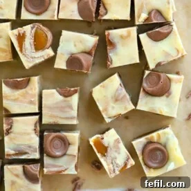 A tray of ready and delicious homemade Rolo Fudge, cut into perfect squares, showcasing its gooey caramel center.