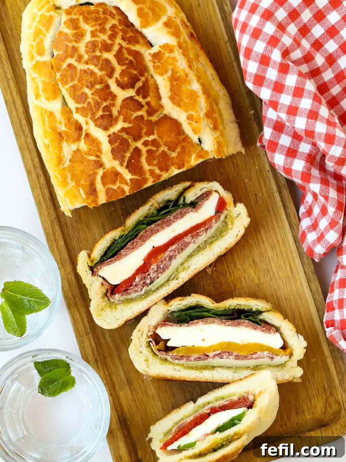 A beautifully sliced stuffed picnic loaf, showcasing its vibrant layers of fillings, resting on a rustic wooden board, ready to be enjoyed.