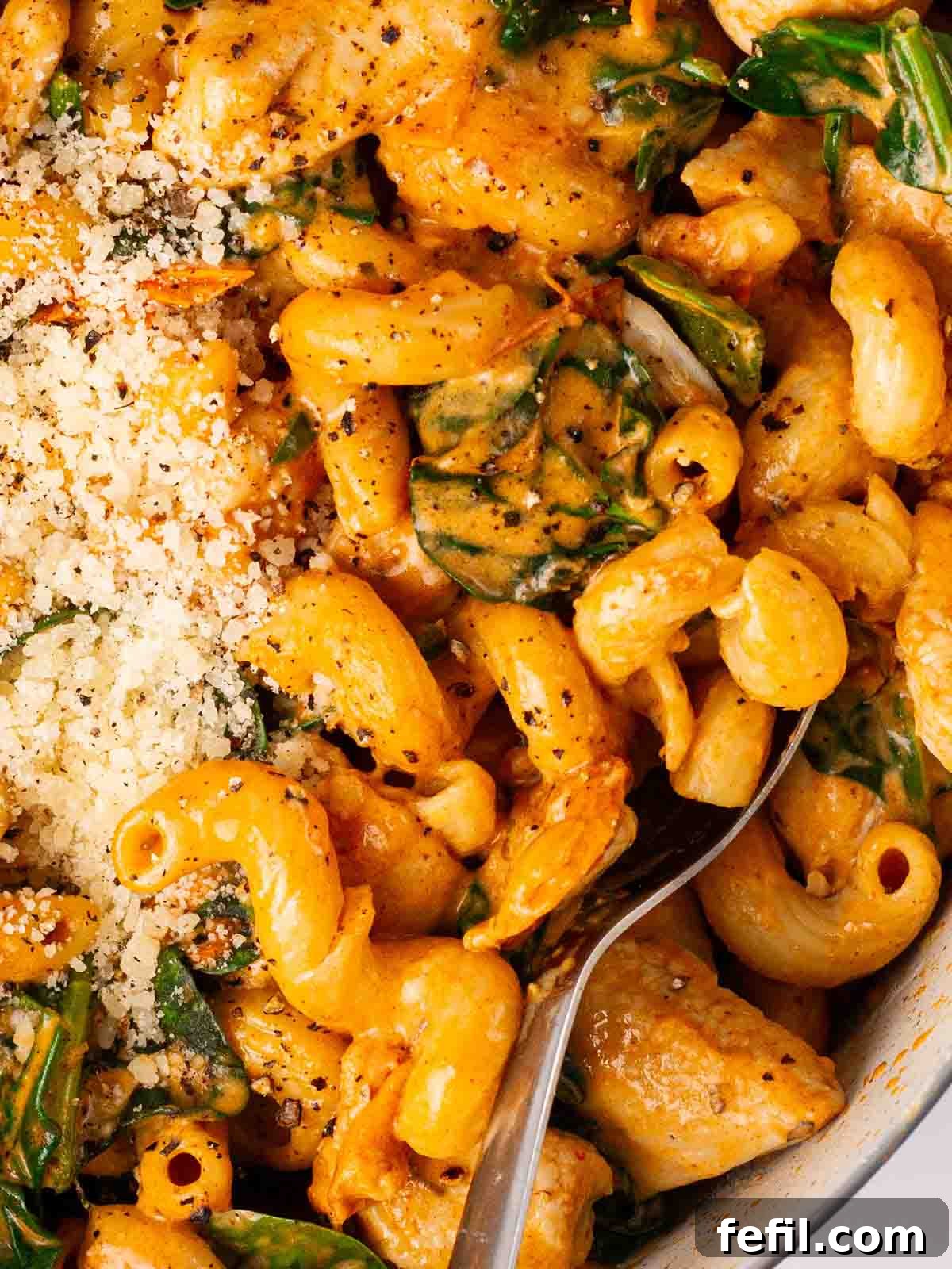 A close-up shot of the creamy Marry Me Chicken Pasta in a pan, featuring tender chicken, pasta spirals, vibrant spinach, and grated Parmesan cheese.