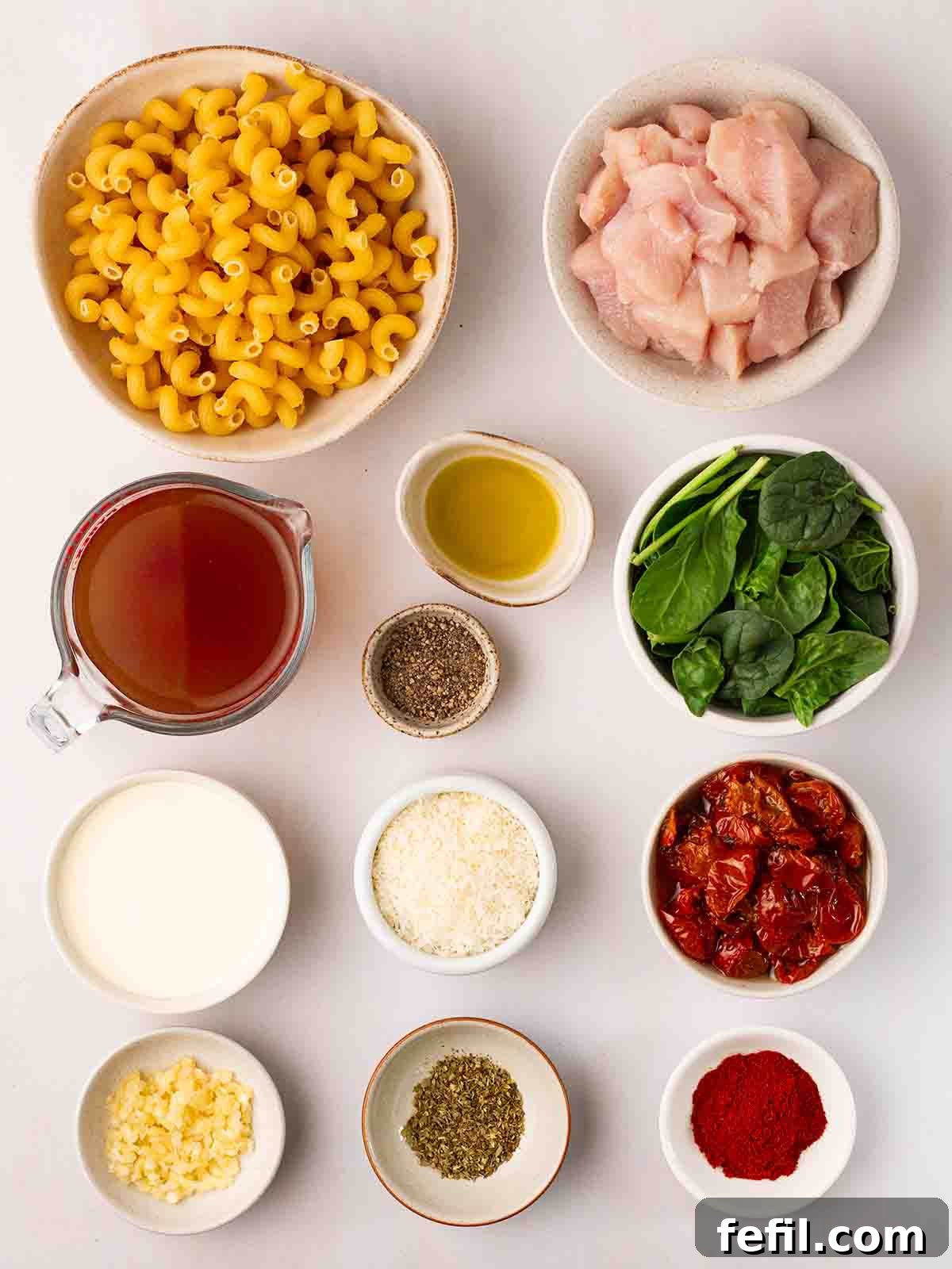 All the essential ingredients for Marry Me Chicken Pasta, neatly arranged in small bowls on a kitchen countertop, ready for preparation.