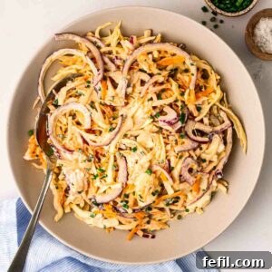 A bowl of easy homemade coleslaw, garnished with chives, with a spoon ready to serve.