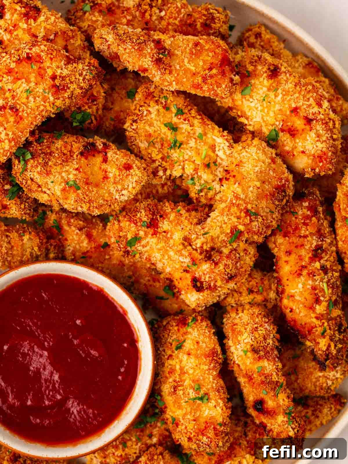 A beautifully arranged plate filled with golden-brown, crispy oven-baked chicken goujons, ready to be served. A small bowl of bright red ketchup sits beside it, perfect for dipping.