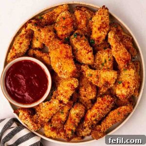 A round plate filled with golden, crispy Chicken Goujons, also named Chicken Tenders, with a bowl of ketchup for dipping.