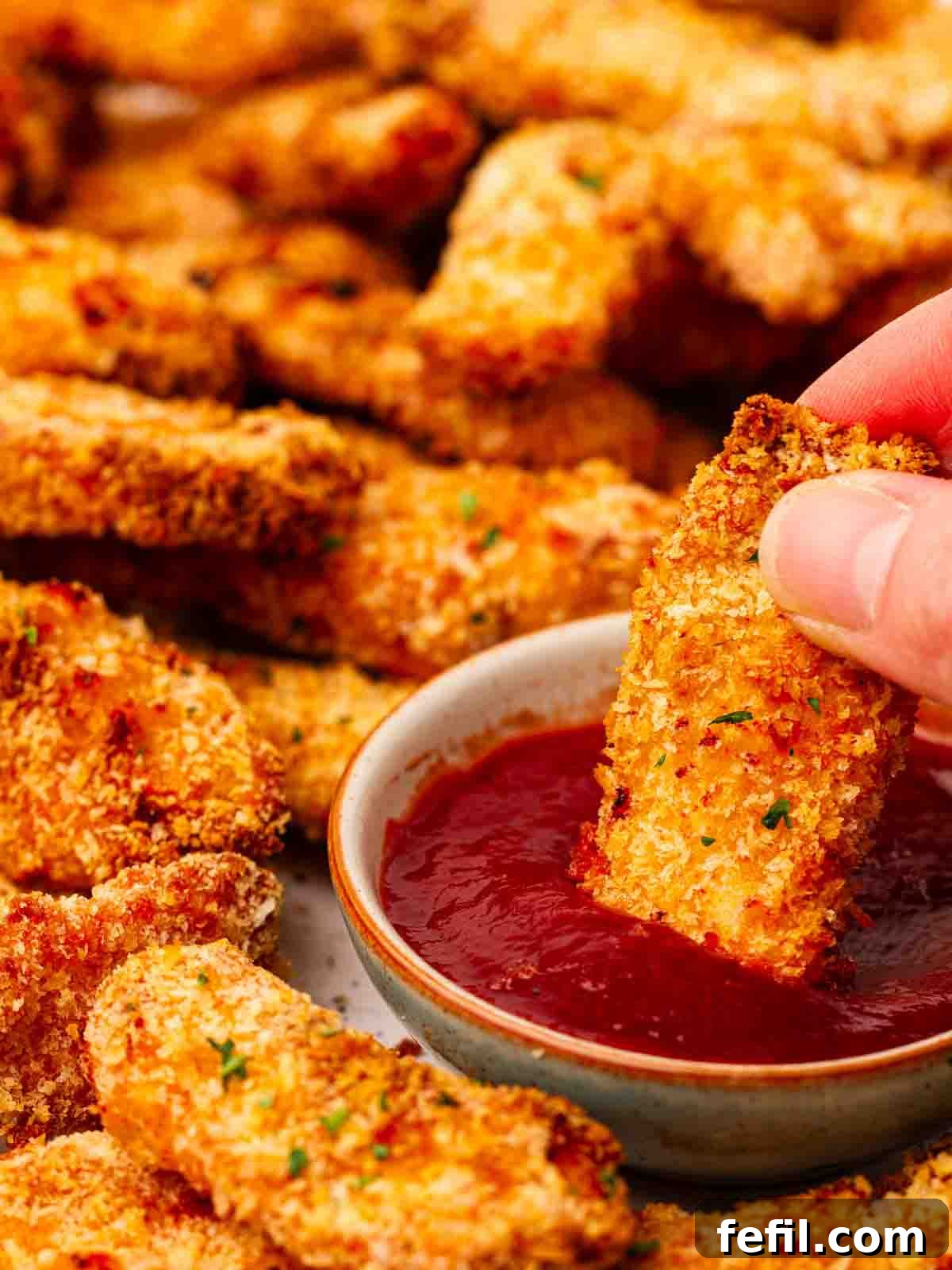 A close-up shot of a golden-brown chicken goujon being dipped into a small white bowl of bright red ketchup, highlighting its crispy texture.