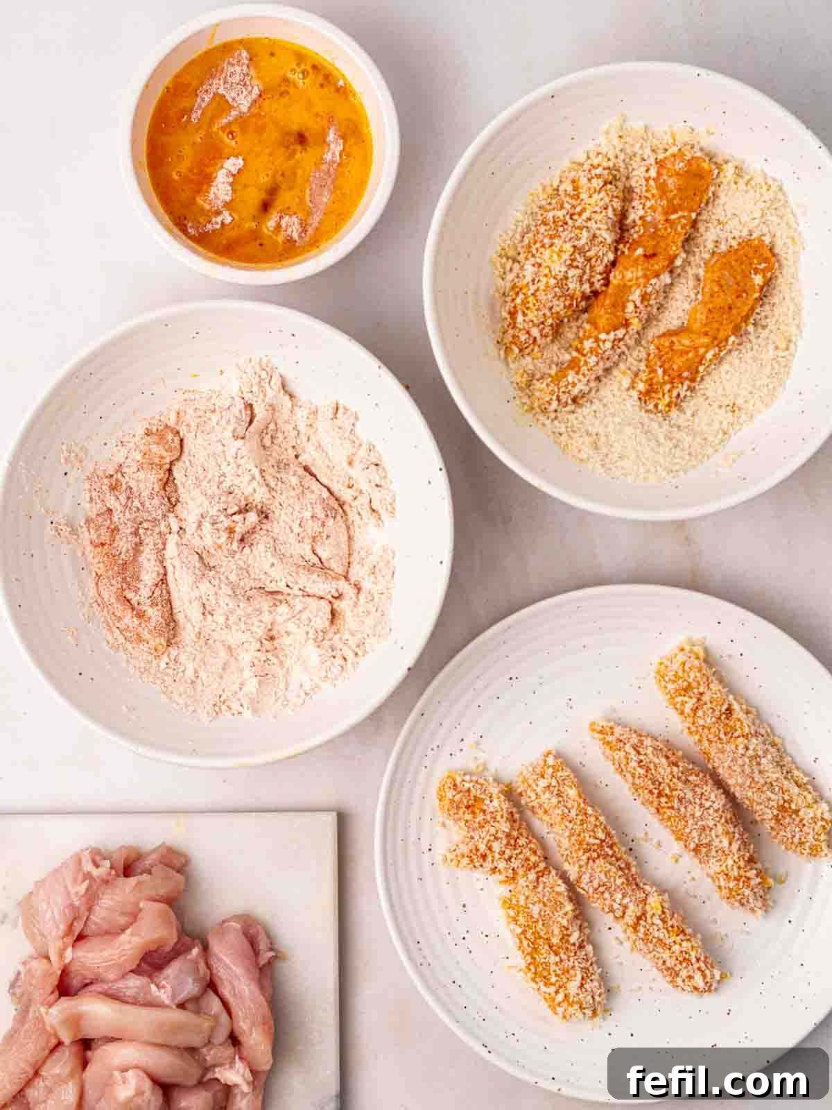 Three separate bowls containing flour mixed with spices, beaten eggs, and breadcrumbs, arranged for the breading process of raw chicken pieces.