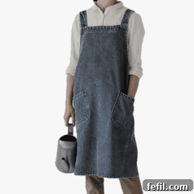 Stylish and practical no-tie denim apron for comfortable cooking and meal prepping, protecting clothing.