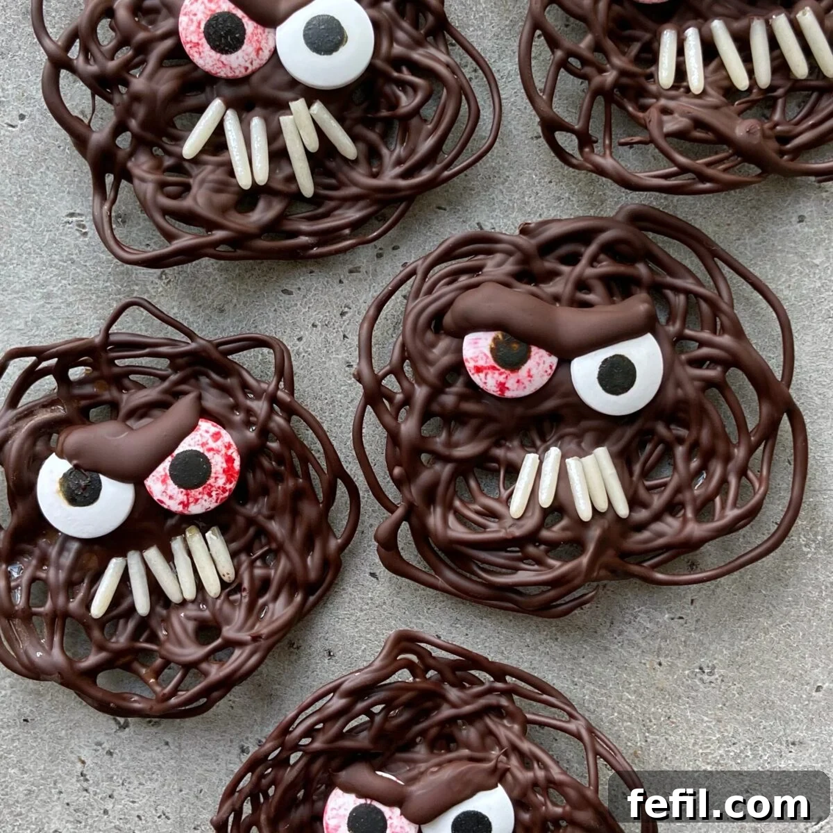 Five Chocolate Monsters shaped like monster faces, complete with candy eyes and sprinkle teeth, are arranged on a gray surface.