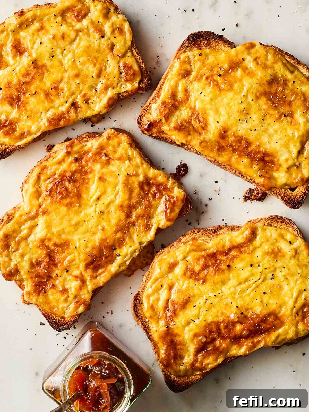 Four slices of golden Welsh rarebit, perfectly grilled, with a side of sweet chutney.