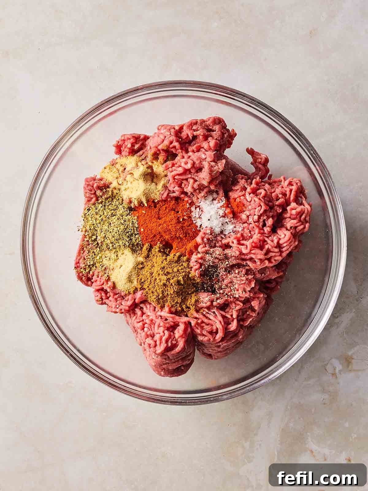 A glass bowl with beef mince inside, with lots of herbs and spices.