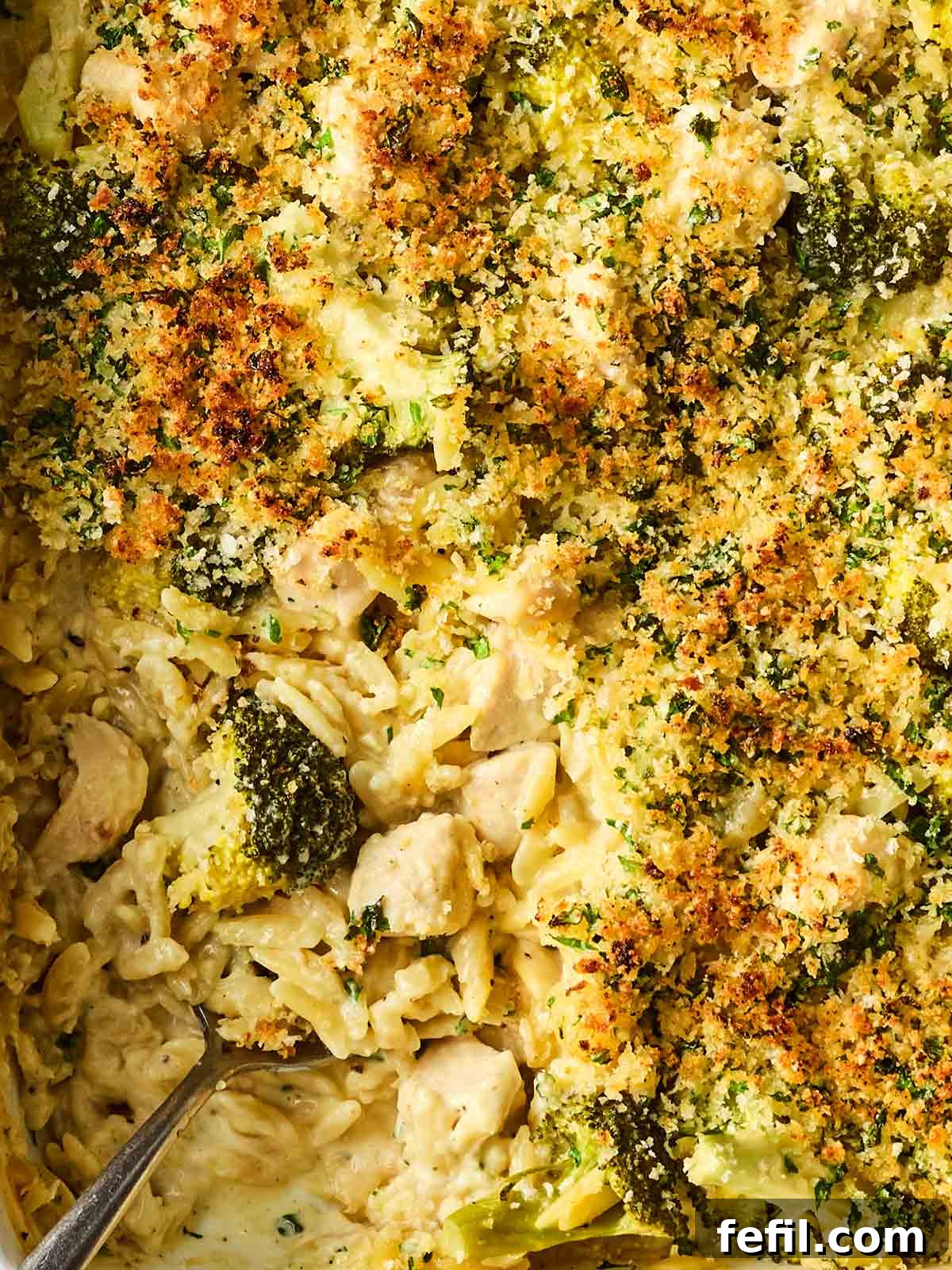 Herb Butter Chicken Pasta 3 A close-up view of a baked Chicken Kiev Pasta, showcasing the perfectly cooked orzo, chunks of chicken, bright green broccoli florets, and a golden, crunchy breadcrumb topping, all enveloped in a creamy garlic sauce.