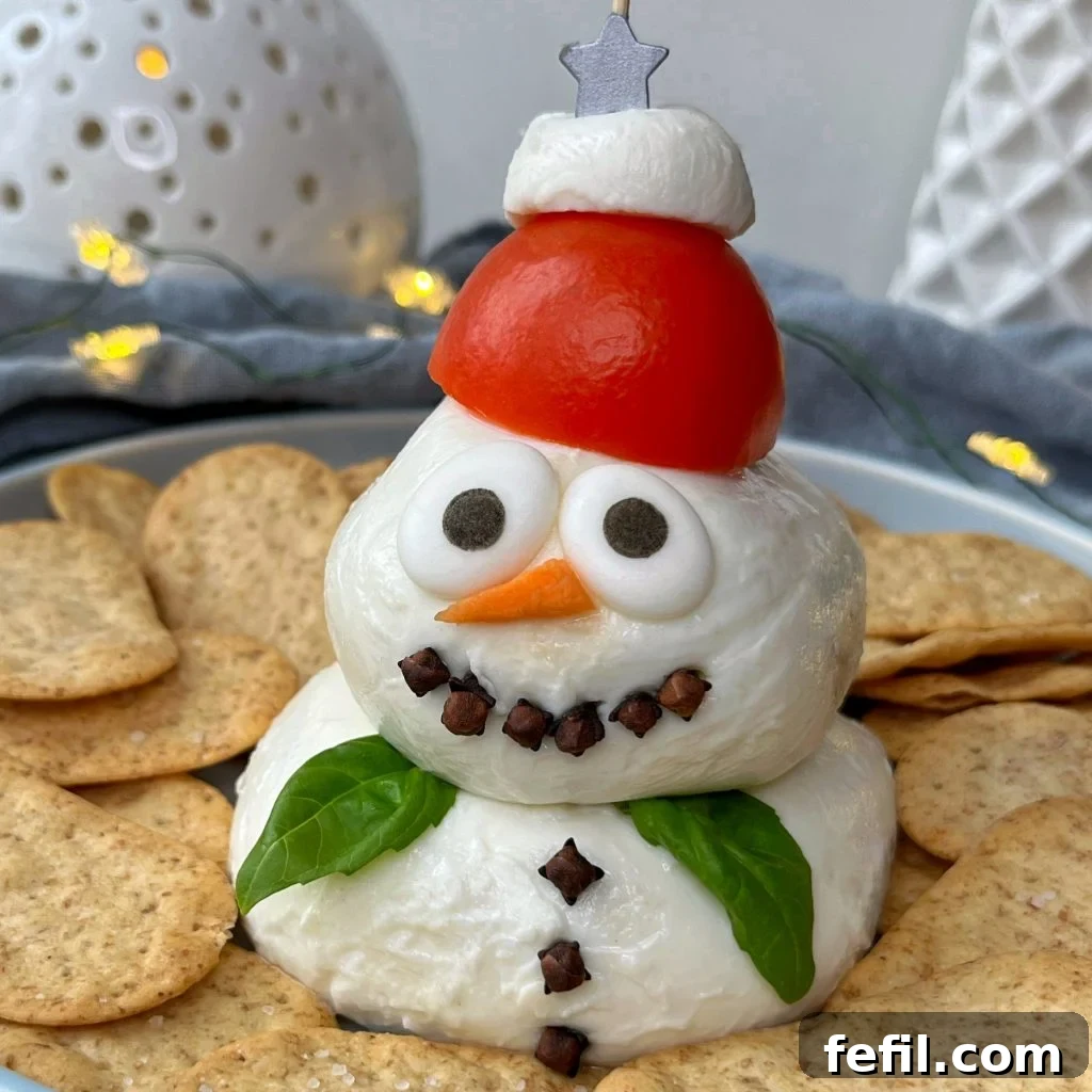 A Very Merry Cheese Board 3 A closeup of a snowman-shaped mozzarella ball appetizer is decorated with candy eyes, a carrot nose, clove buttons and mouth, basil leaf arms, a tomato-and-mozzarella hat, and surrounded by round crackers.