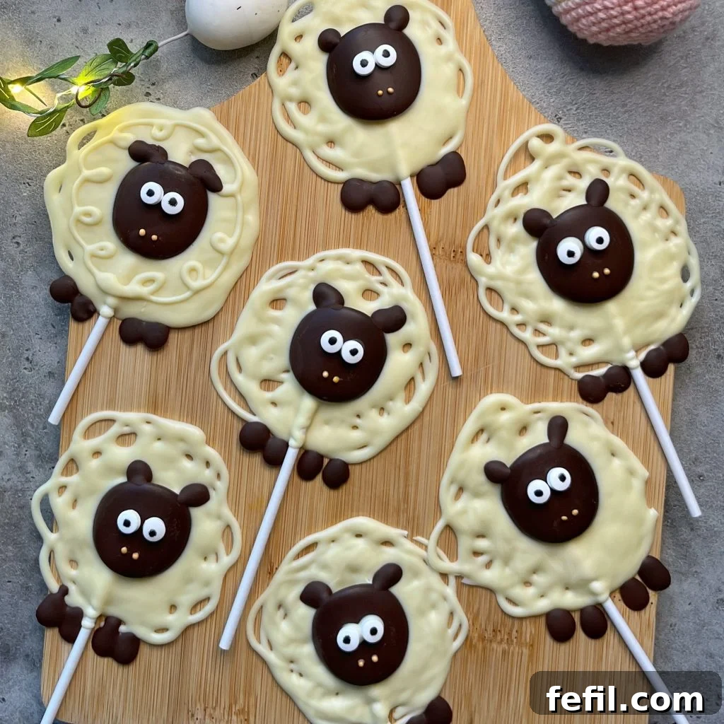Seven charming lamb-shaped white and dark chocolate lollipops, featuring cute faces and big, expressive eyes, arranged artfully on a rustic wooden board. Each treat is designed to resemble a fluffy cartoon sheep, complete with textured wool and tiny ears. These adorable bites are perfect for fun food recipes and make an eye-catching display.