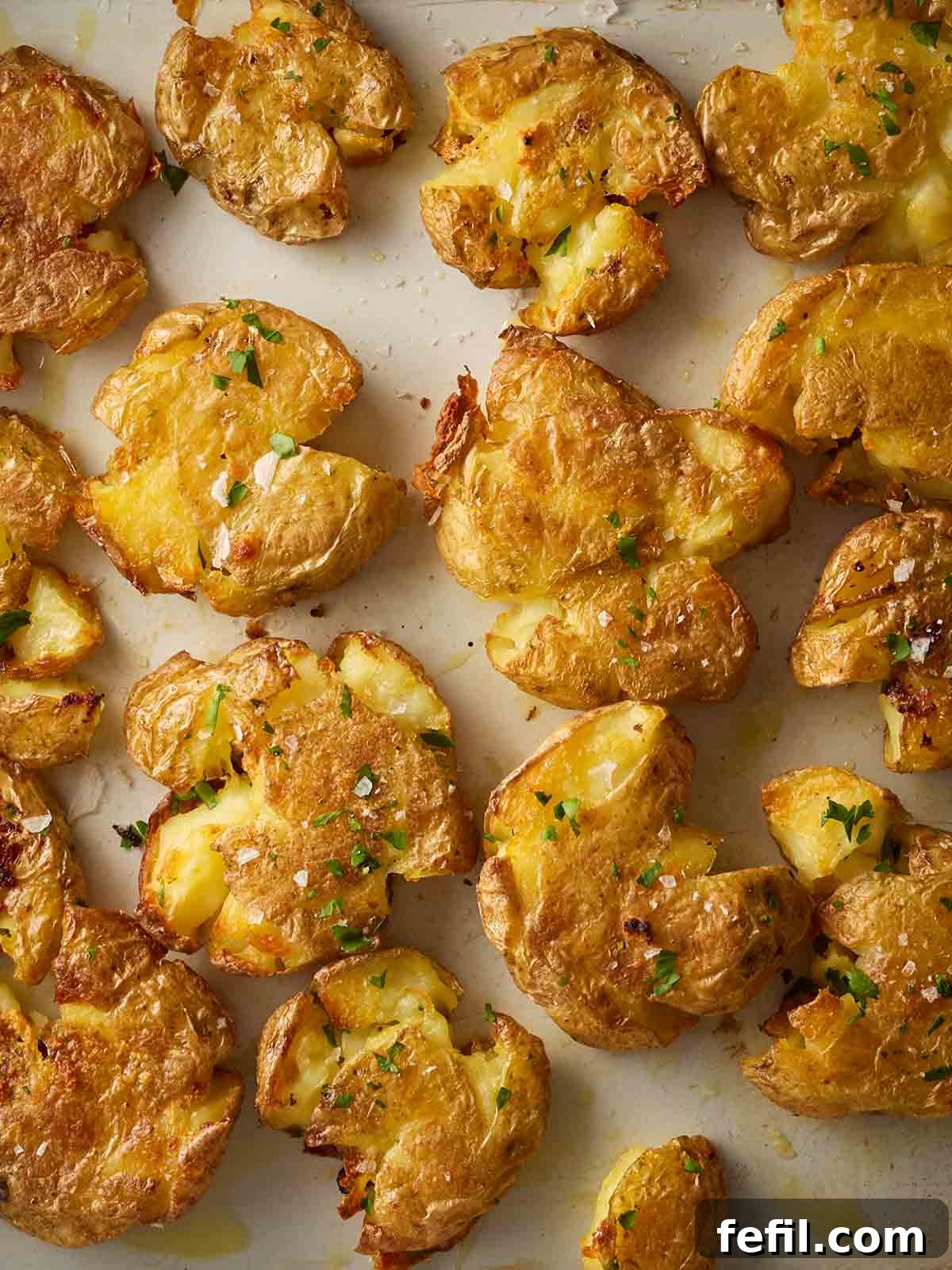 A line of crushed potatoes, just baked.