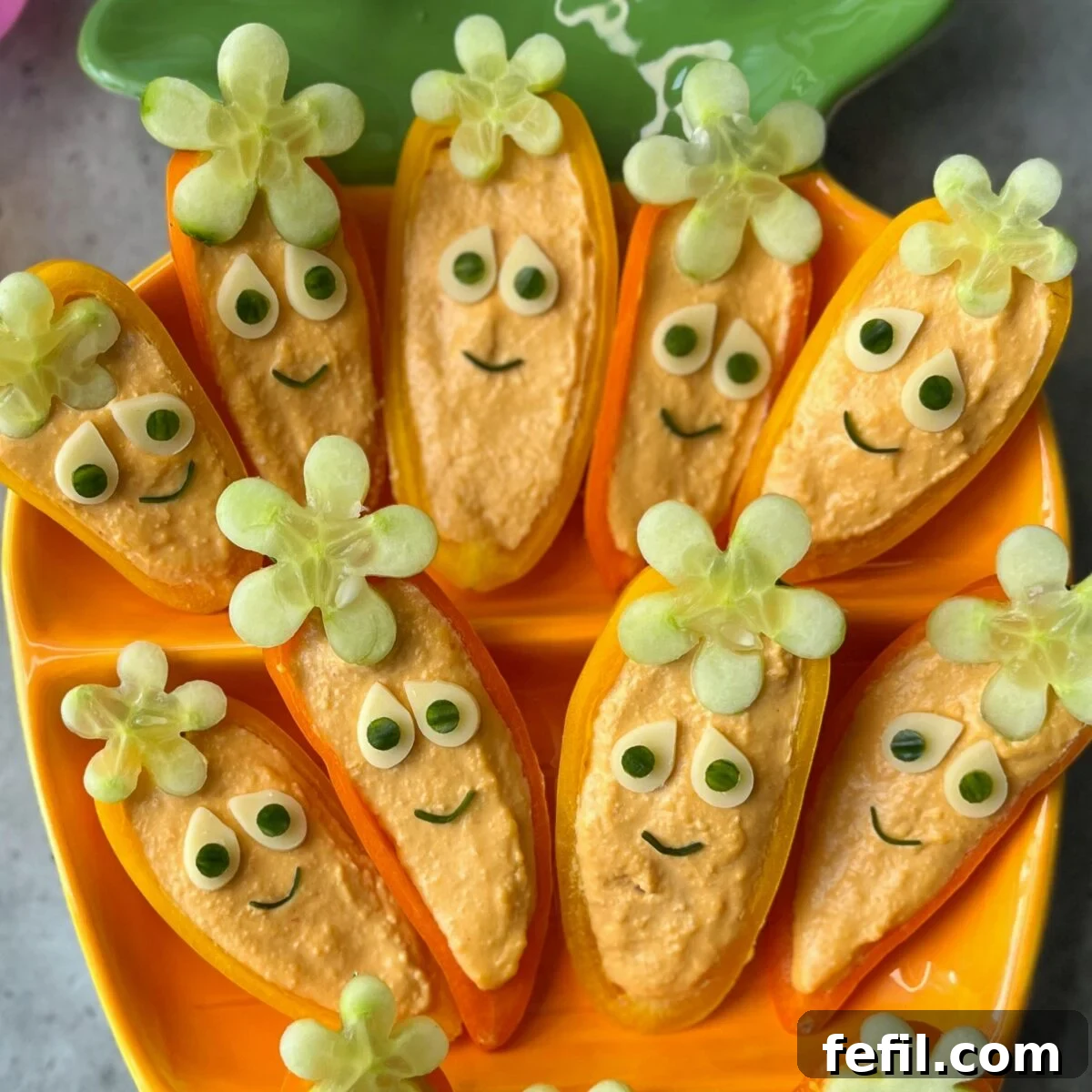 Orange bell pepper halves filled with hummus and topped with cucumber made to look like carrots, arranged on a bright yellow plate.