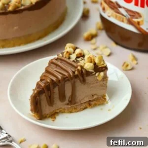 A slice of Nutella Cheesecake topped with chocolate and nuts on a white plate.