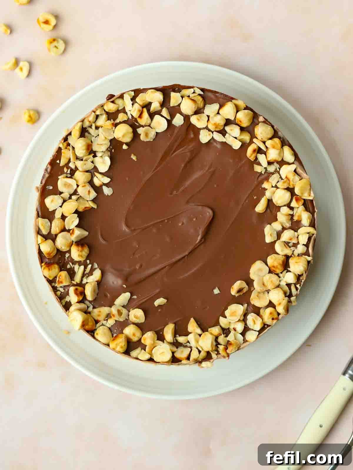 A round Nutella Cheesecake from above, sitting on a plate and topped with chocolate and nuts, ready to portion up and serve.
