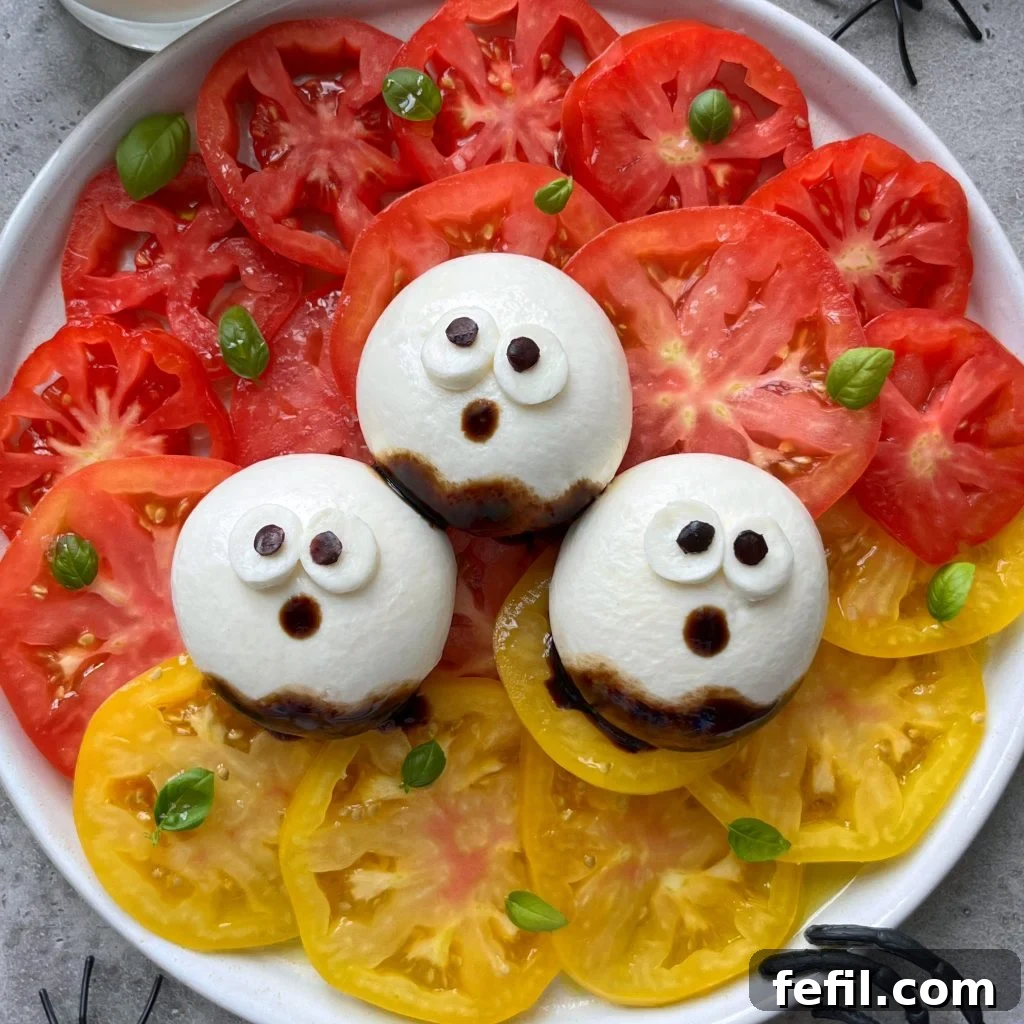 A closeup of a plate with red and yellow tomato slices topped with burrata balls decorated as ghosts using balsamic glaze for eyes and mouths, garnished with small basil leaves.