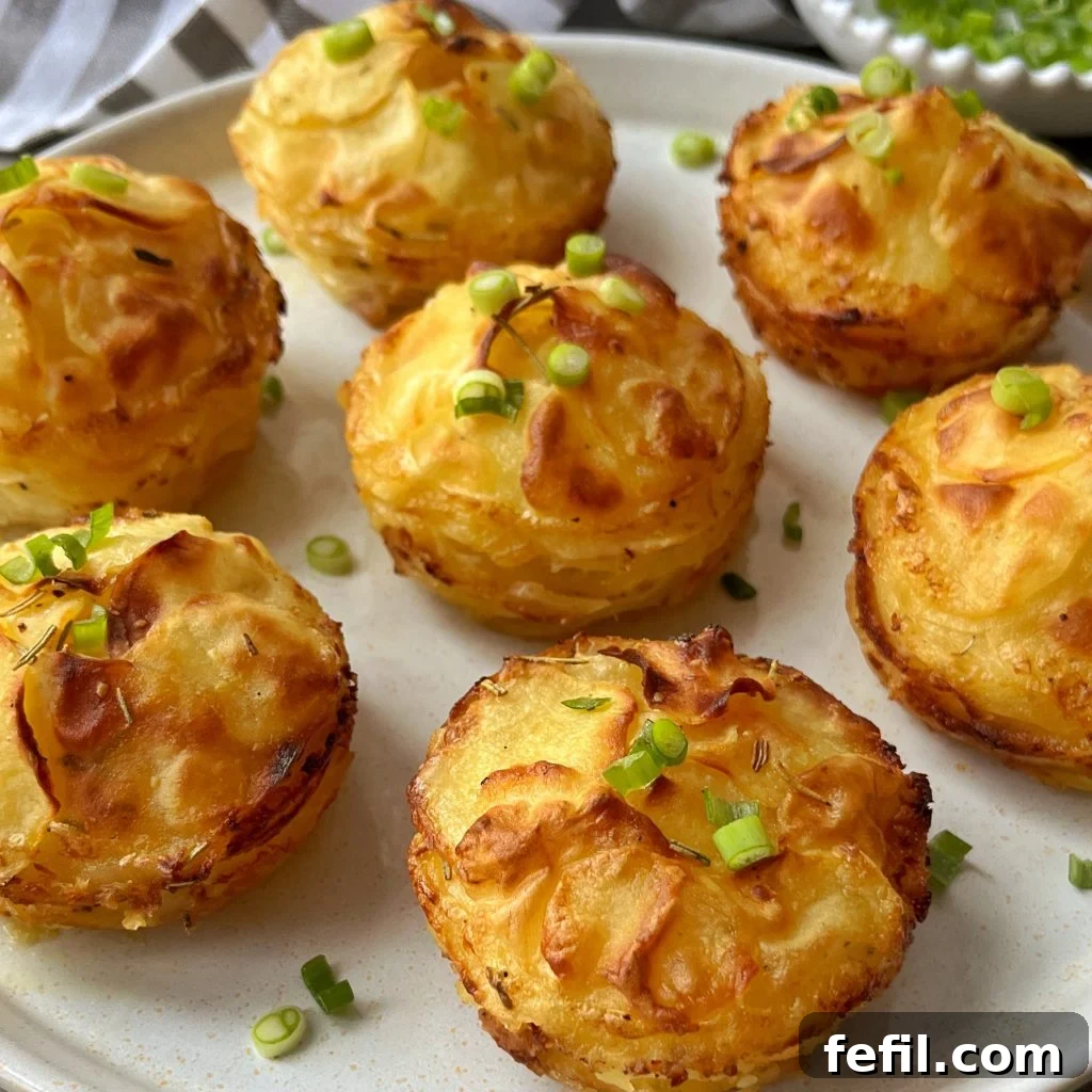 Petite Dauphinoise Gratins 2 A plate of golden-brown Individual Dauphinoise Potatoes stacked neatly and garnished with chopped green onions. The stacks are crispy on the edges and beautifully arranged on a white plate.