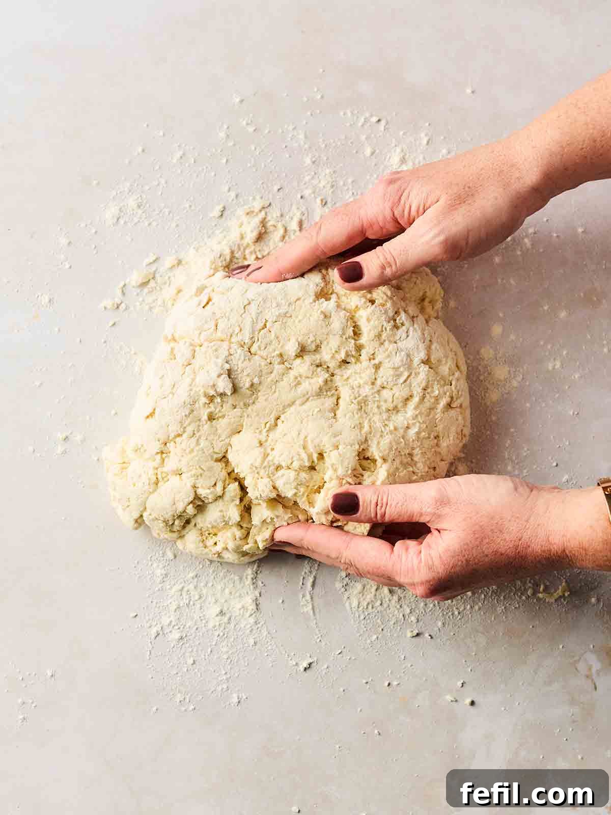 Two hands kneading a ball of flatbread dough on a lightly floured white surface.
