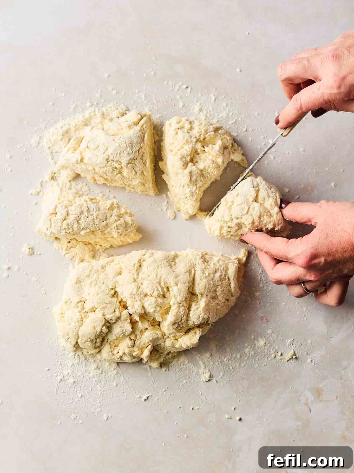 A ball of flatbread dough on a white surface, being cut into equal portions with a knife.