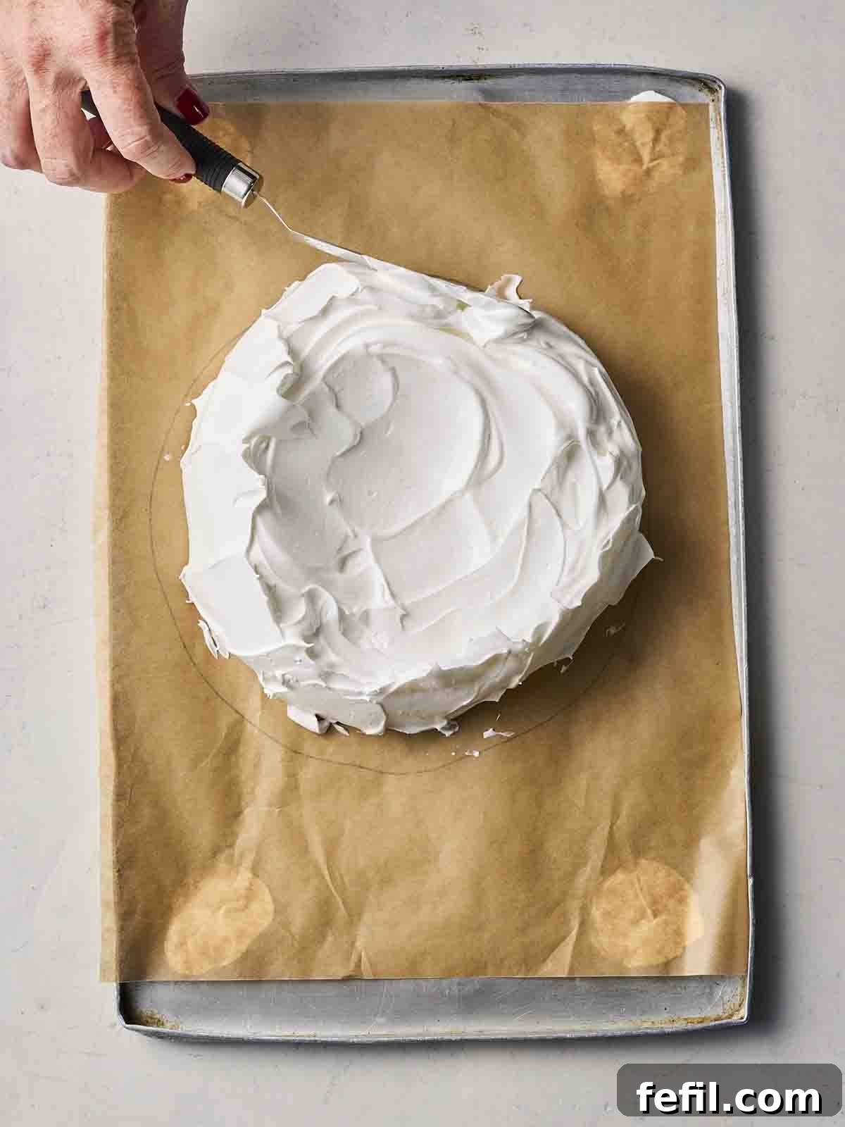 Perfect Pavlova, Made Simple 7 A hand using a palette knife to gently smooth and pull up the sides of the meringue on a baking tray, creating the signature Pavlova shape.