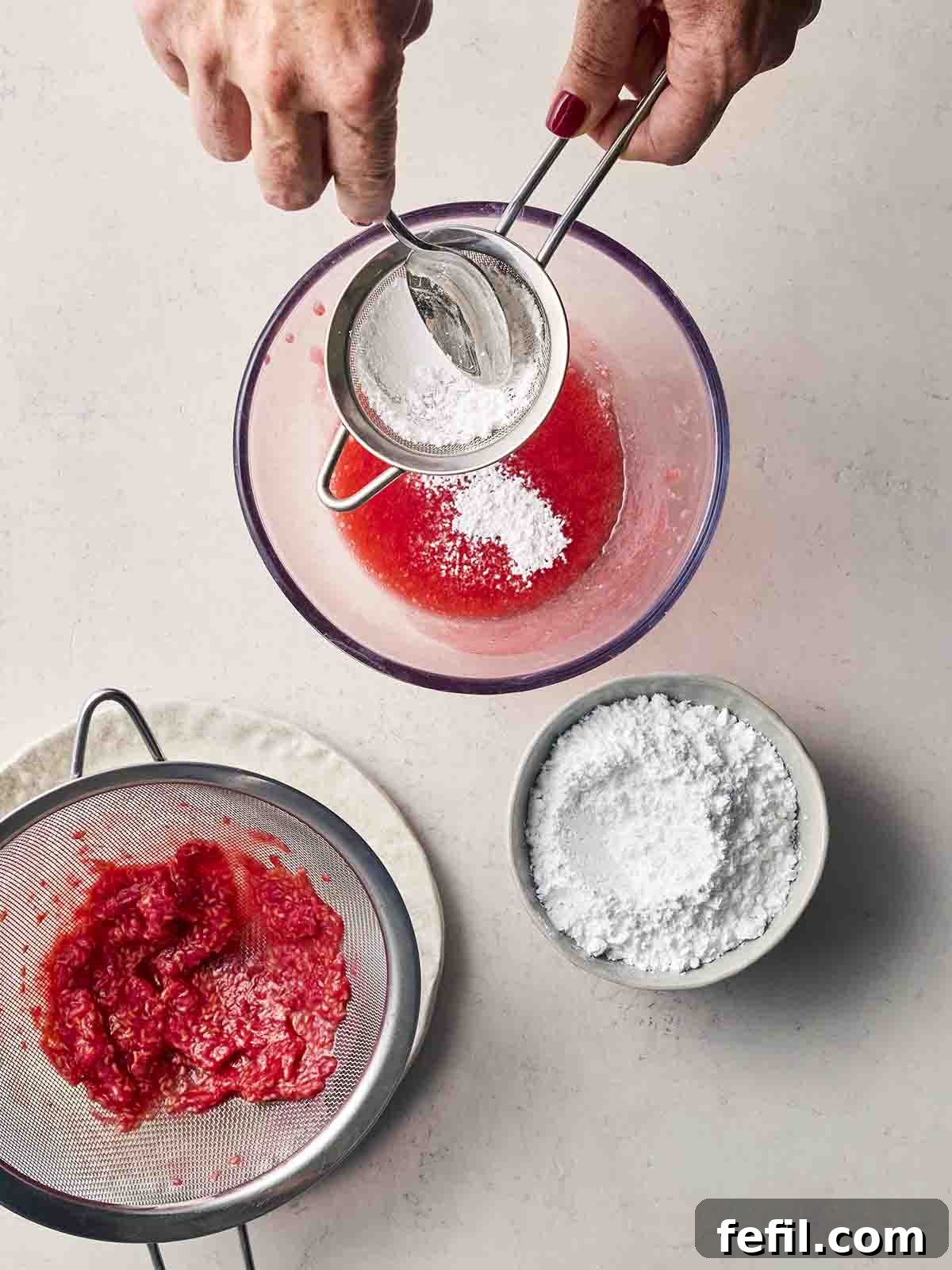 Perfect Pavlova, Made Simple 8 A hand pushing icing sugar through a sieve into a glass bowl containing vibrant raspberry juice, with other bowls of ingredients nearby, preparing the sauce.