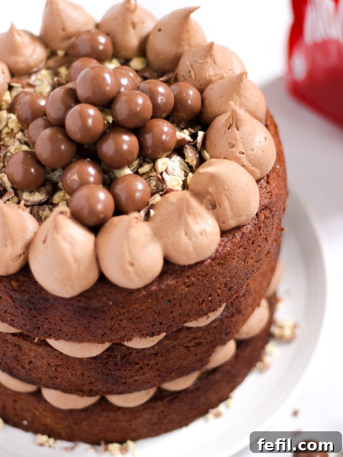 Three-layer Malteser cake with a smooth malt chocolate frosting between each layer, garnished with Maltesers.