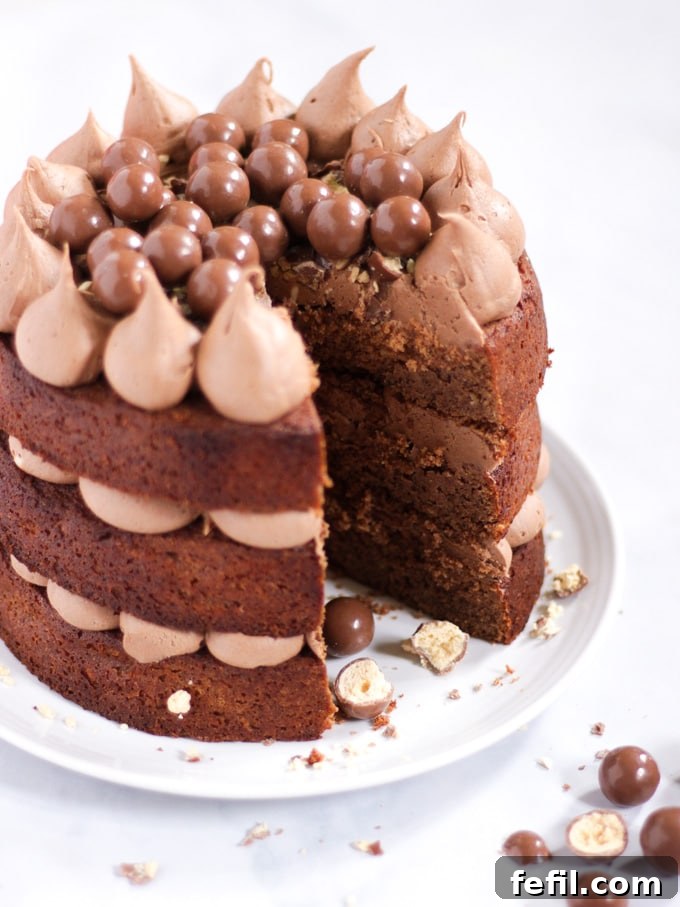 A three-layer sponge Malteser cake with a slice removed, resting on a white plate, revealing its moist interior and generous frosting.