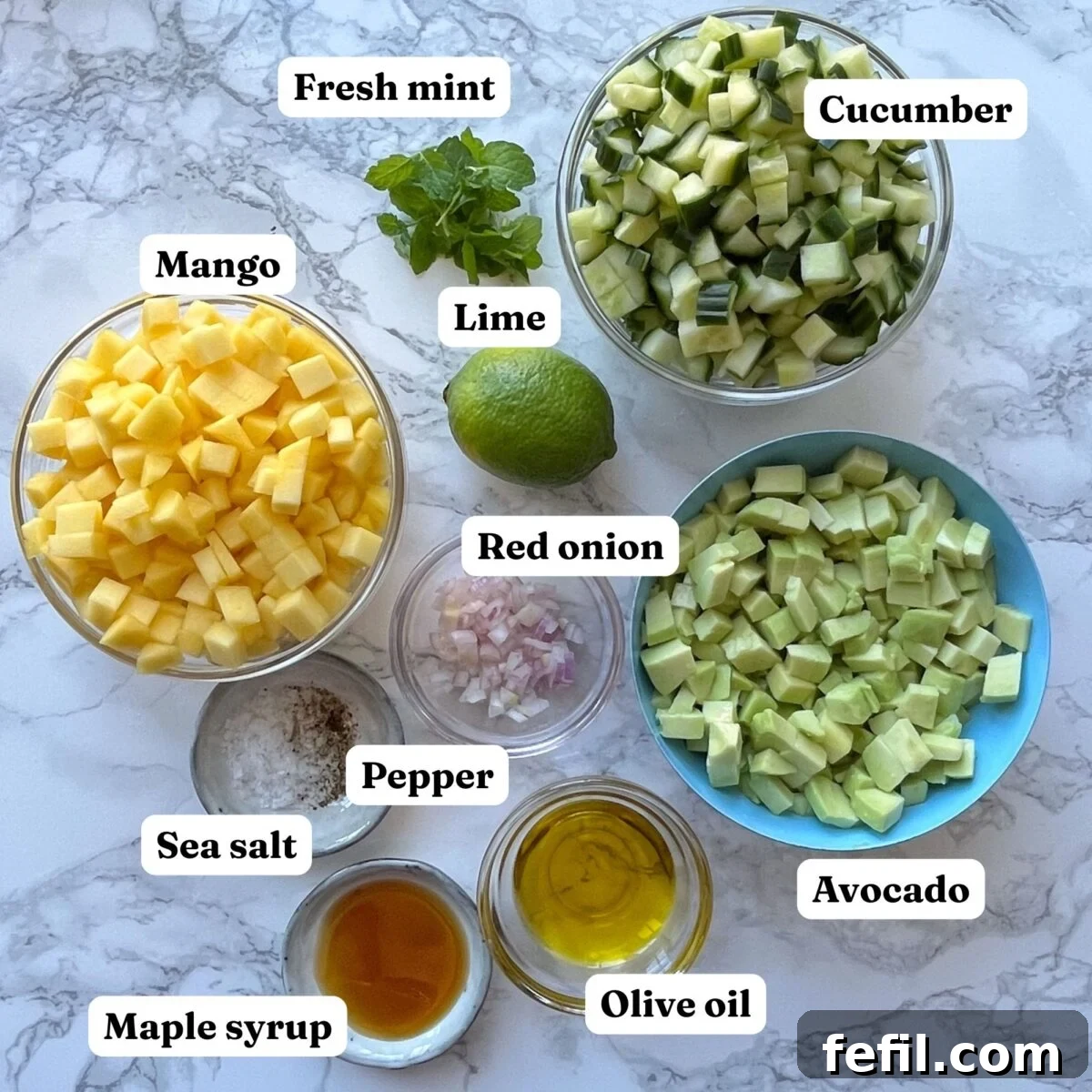 Bowls of diced mango, cucumber, avocado, red onion, fresh mint, a whole lime, plus olive oil, maple syrup, sea salt, and pepper are arranged on a marble surface.