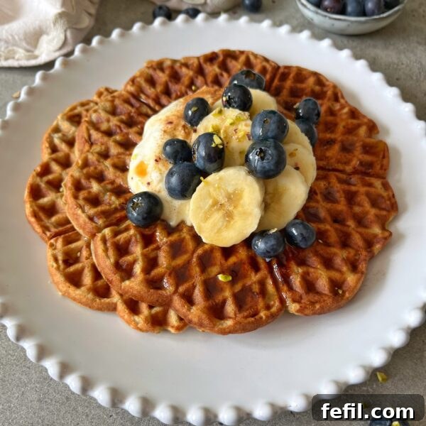 Egg-in-a-Hole Recipe: Crispy Toast with Runny Yolk 9 Two waffles topped with banana slices, blueberries, Greek yogurt, and a sprinkle of chopped nuts on a white plate.