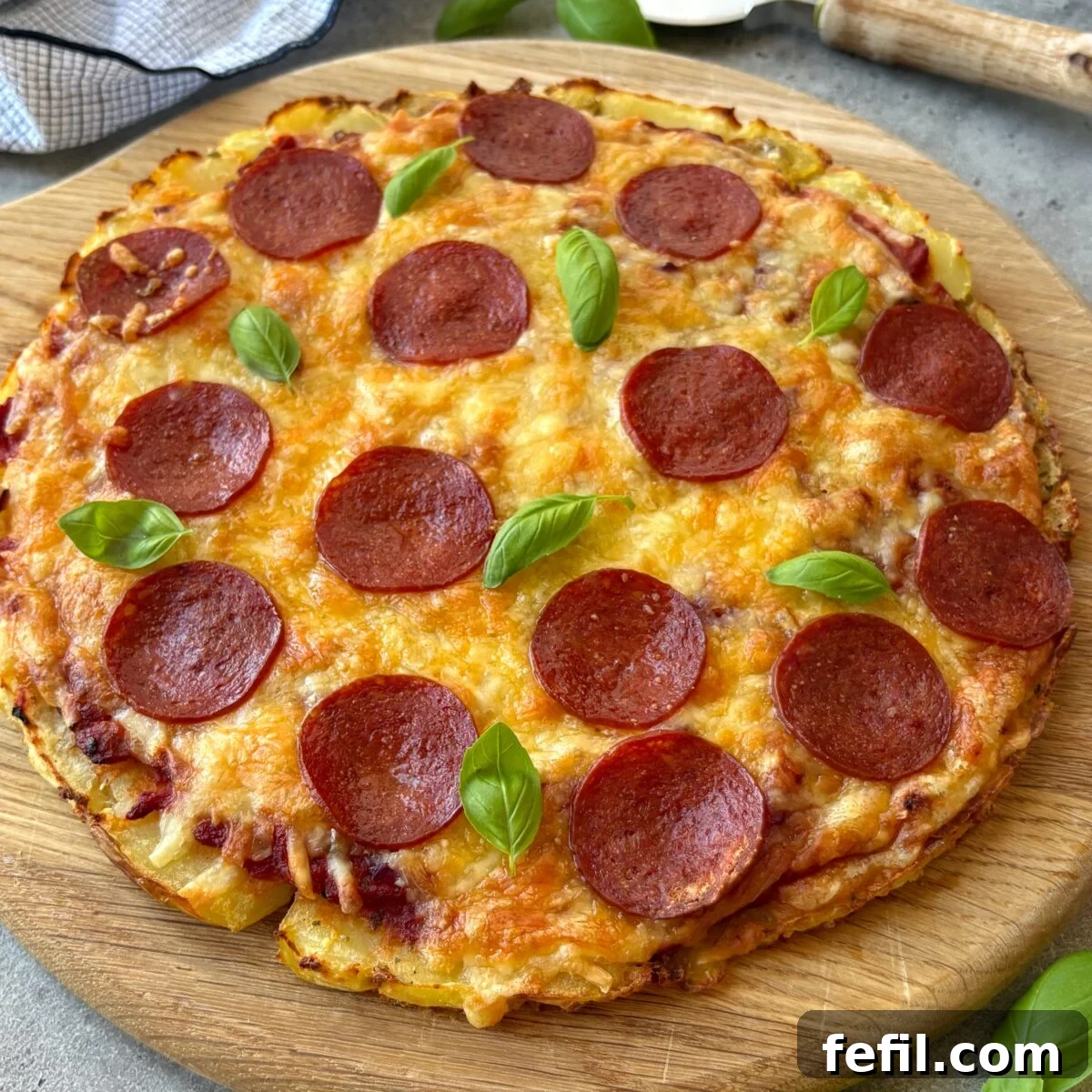 Side view of a smashed potato pizza with pepperoni and fresh basil.