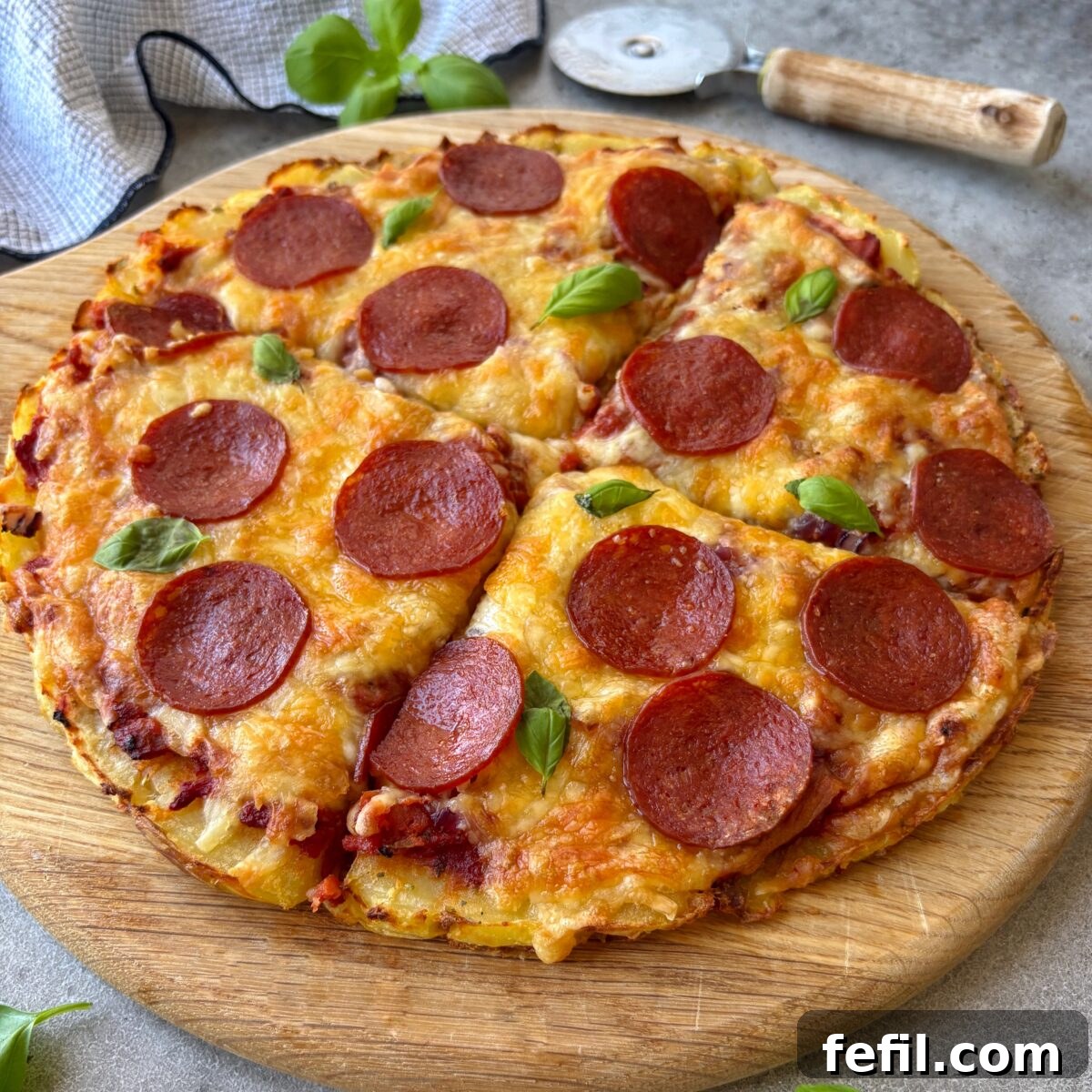 Chopping board featuring a smashed potato pizza topped with pepperoni. In the background is a pizza slicer, a checked tea towel, and fresh basil. 