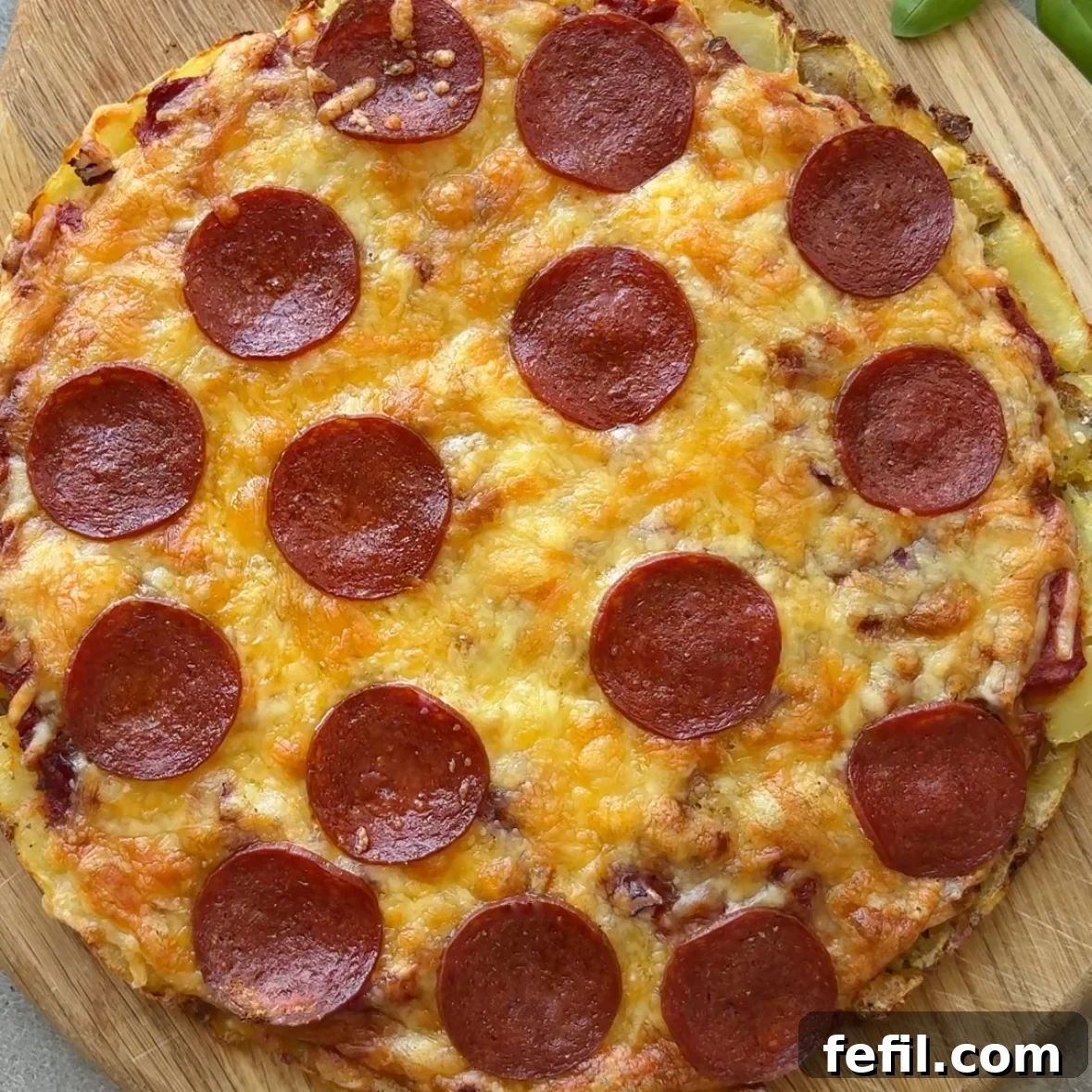 A smashed potato pizza topped with cheese and pepperoni just out of the oven.