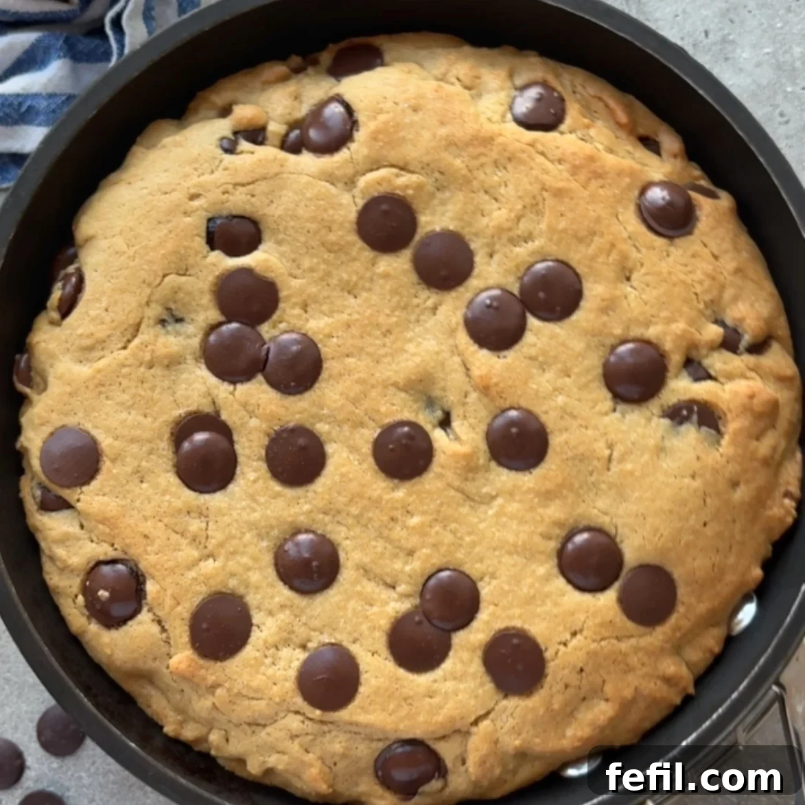 Gooey Chocolate Chip Skillet Cookie Recipe 9 A freshly baked chocolate chip cookie skillet with golden brown edges.