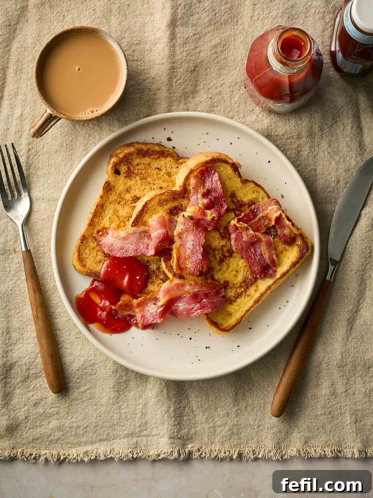 How to Make Classic Eggy Bread (British-Style French Toast) 2 Eggy Bread with bacon at a place setting on a table with a cup of tea and ketchup to the side.