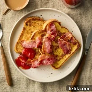 How to Make Classic Eggy Bread (British-Style French Toast) 9 Two slices of white bread on a place with bacon on top, with cutlery to the side and a cup of tea.