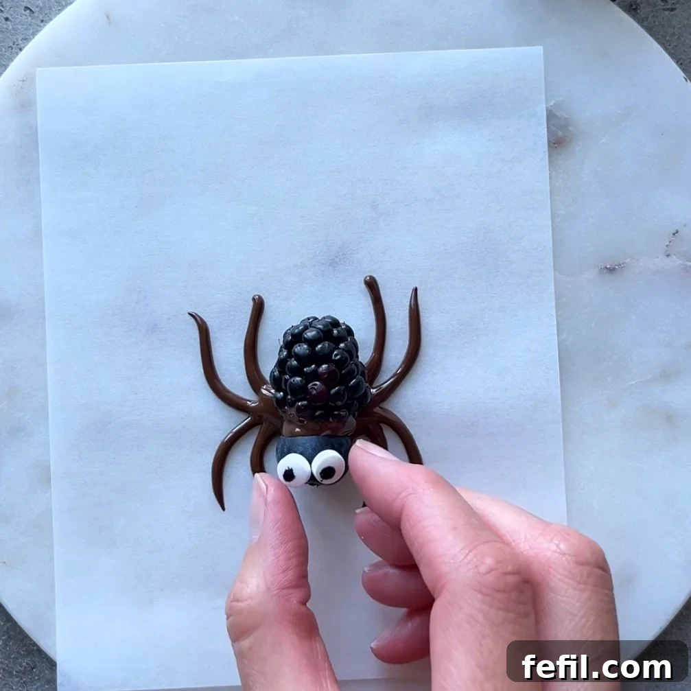 Halloween Chocolate Spider Treats for Parties 7 A hand places candy eyes on Chocolate Spiders, a playful treat made of blackberries and chocolate, arranged on parchment paper.