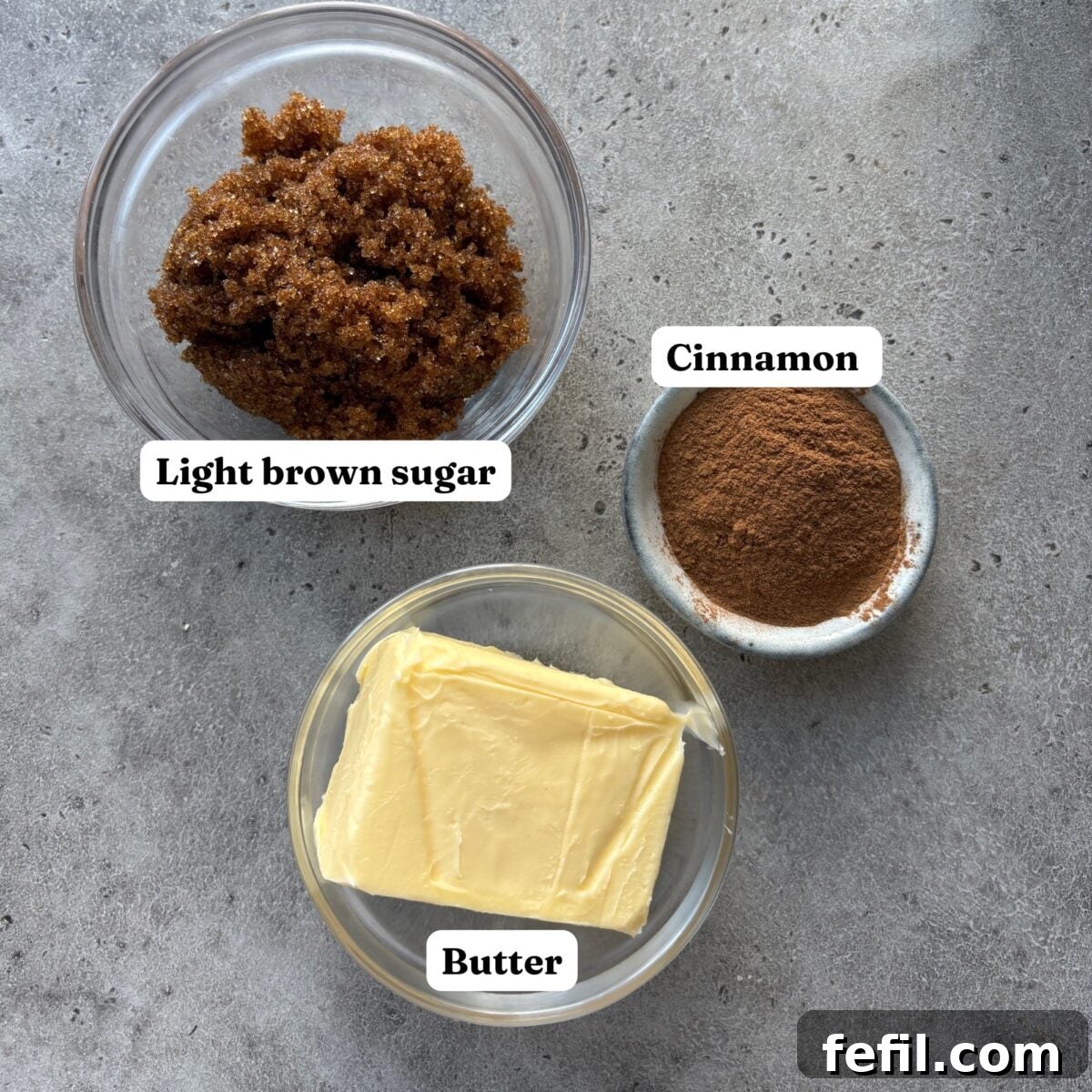 Mini Cinnamon Roll Bites with Cream Cheese Glaze 6 Ingredients for the filling including a bowl of cinnamon, light brown sugar, and butter.