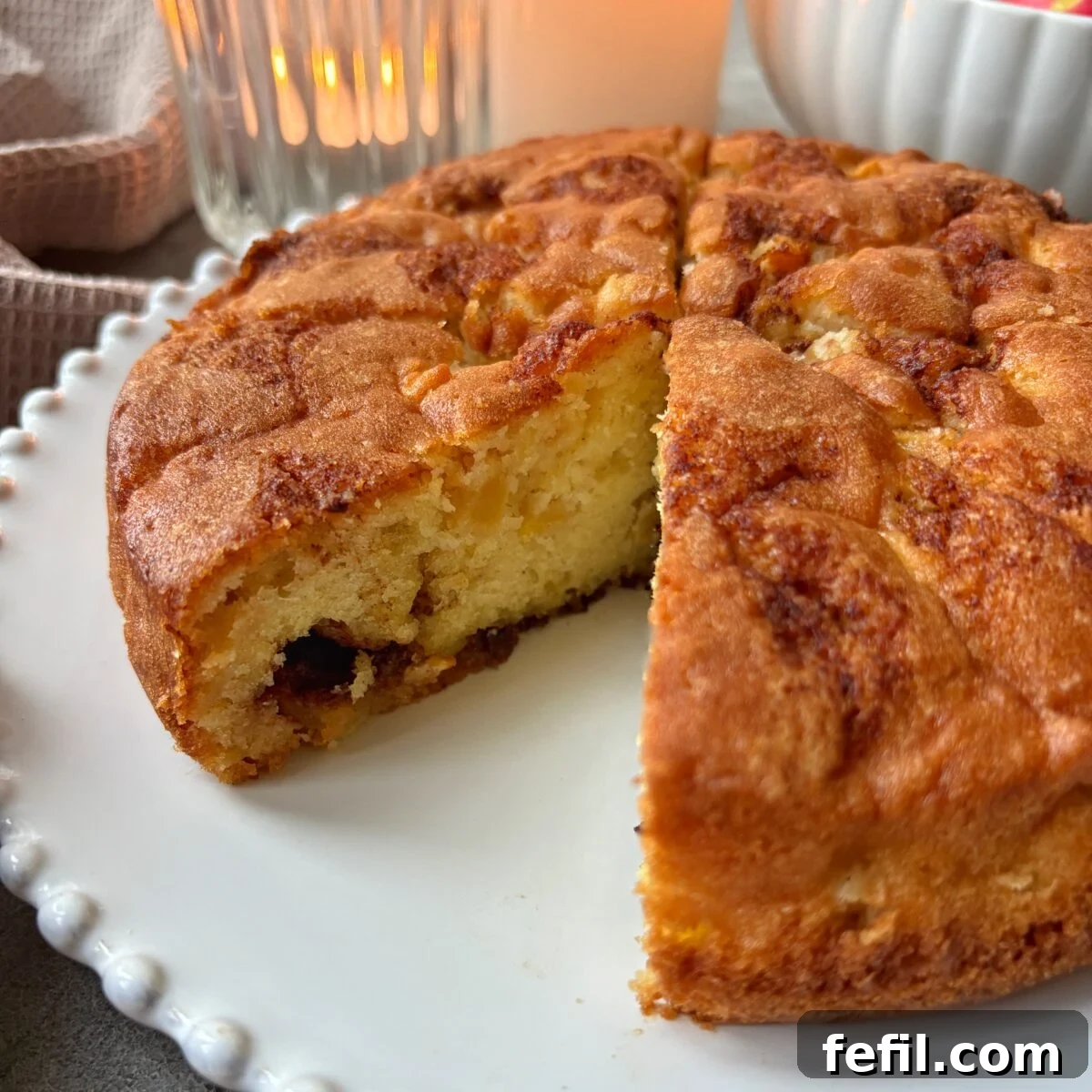 Classic Cinnamon Apple Cake with Warm Spice Glaze 4 A golden-brown Cinnamon Apple Cake with a piece cut out of it.