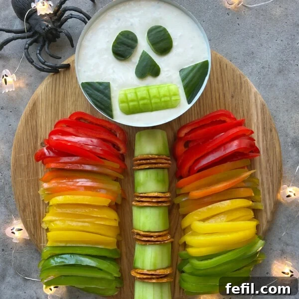 A Halloween-themed skeleton veggie platter with various colored bell pepper ribs, cucumber spine, pretzel joints, and a dip bowl skull with cucumber features. A plastic spider adds spooky fun in the background.