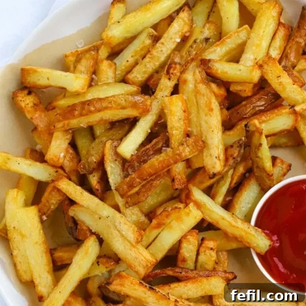 Perfect Crispy Garlic Bread with Herbed Butter 8 A plate of healthy homemade oven chips with ketchup on the side.