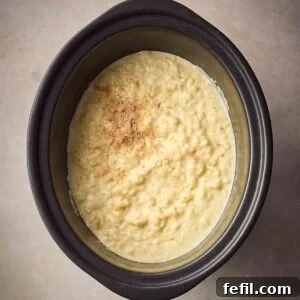 Creamy Slow Cooker Rice Pudding Recipe 11 A close up of a slow cooker rice pudding, ready to eat.