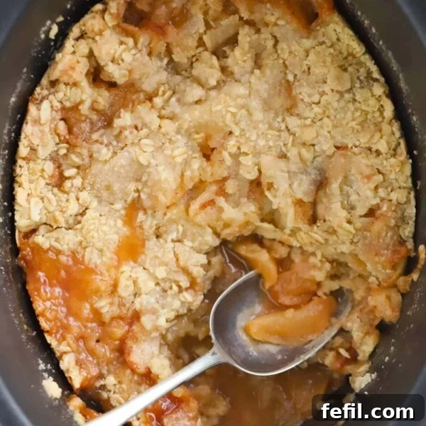 Creamy Slow Cooker Rice Pudding Recipe 10 Apple dessert made in a slow cooker, with crumble on top, and a spoon to serve.