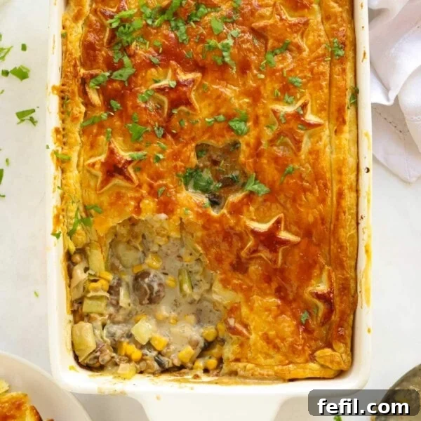 Delicious vegetable filled vegetarian pie topped with golden puff pastry.