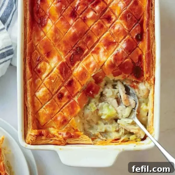 A close up of a chicken and leek pie being dished up from the corner of the dish, showing a crusty golden crust and a creamy chicken filling.