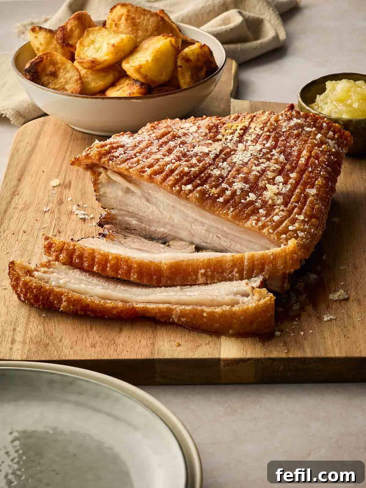 How to Make Crispy Pork Belly with Perfect Crackling Skin 2 A slab of roasted pork belly on a board, with crispy crackling on top, a bowl of roast potatoes in the background and apple sauce. Ready to serve up onto plates.